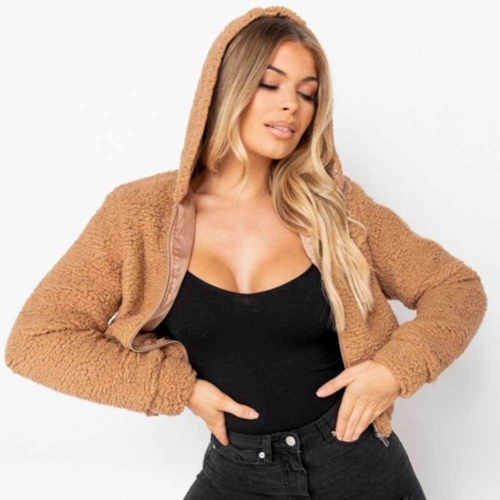 Brown Teddy Bear Fur Long Sleeve Hooded Bomber Jacket